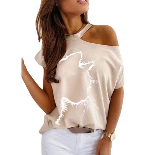 Off-the-shoulder Cat T-shirt