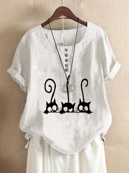 New Fashion Cat Print Round Neck Loose T-Shirt