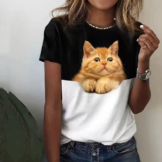 Cat Round Neck T-shirt  Women